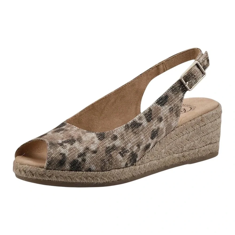 White Mountain Women's 10 Maize Leopard Fabric Peep Toe Espadrille Wedge Sandals